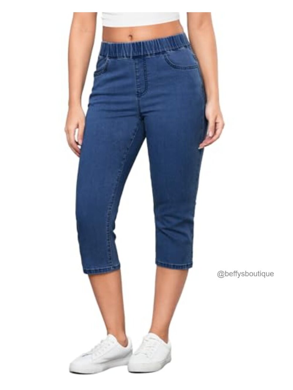 Women's Capri Jeans Pull On Elastic Waist Skinny Stretchy Denim Capris
